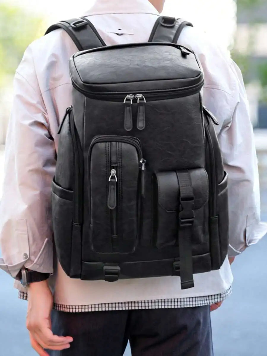 Men Multifunctional PU Leather Laptop Backpack Travel Bag