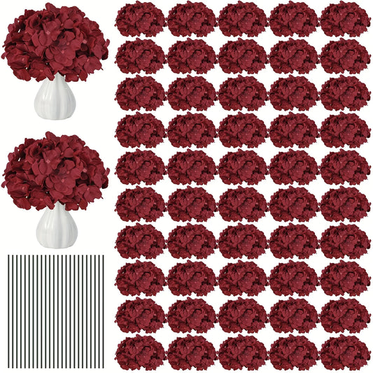 80pcs Artificial Flowers Hydrangea Flowers Heads Full with Stems for Wedding Home Party Shop Baby Shower Decor (Burgundy)
