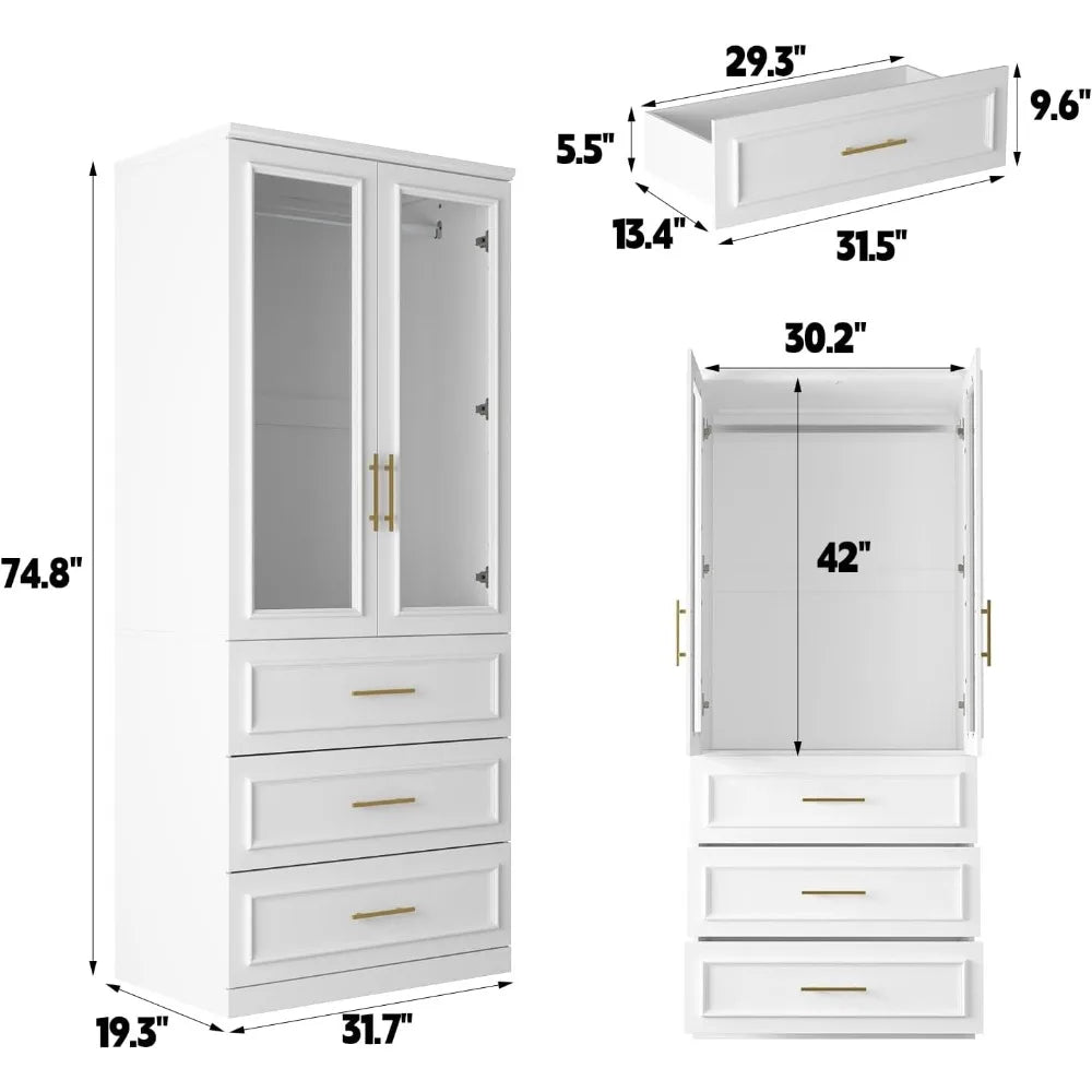 FUFU&GAGA Wardrobe Closet with Glass Doors, Modern White Bedroom Armoire with Gold Handles, Modern Clothes Storage Cabinet with