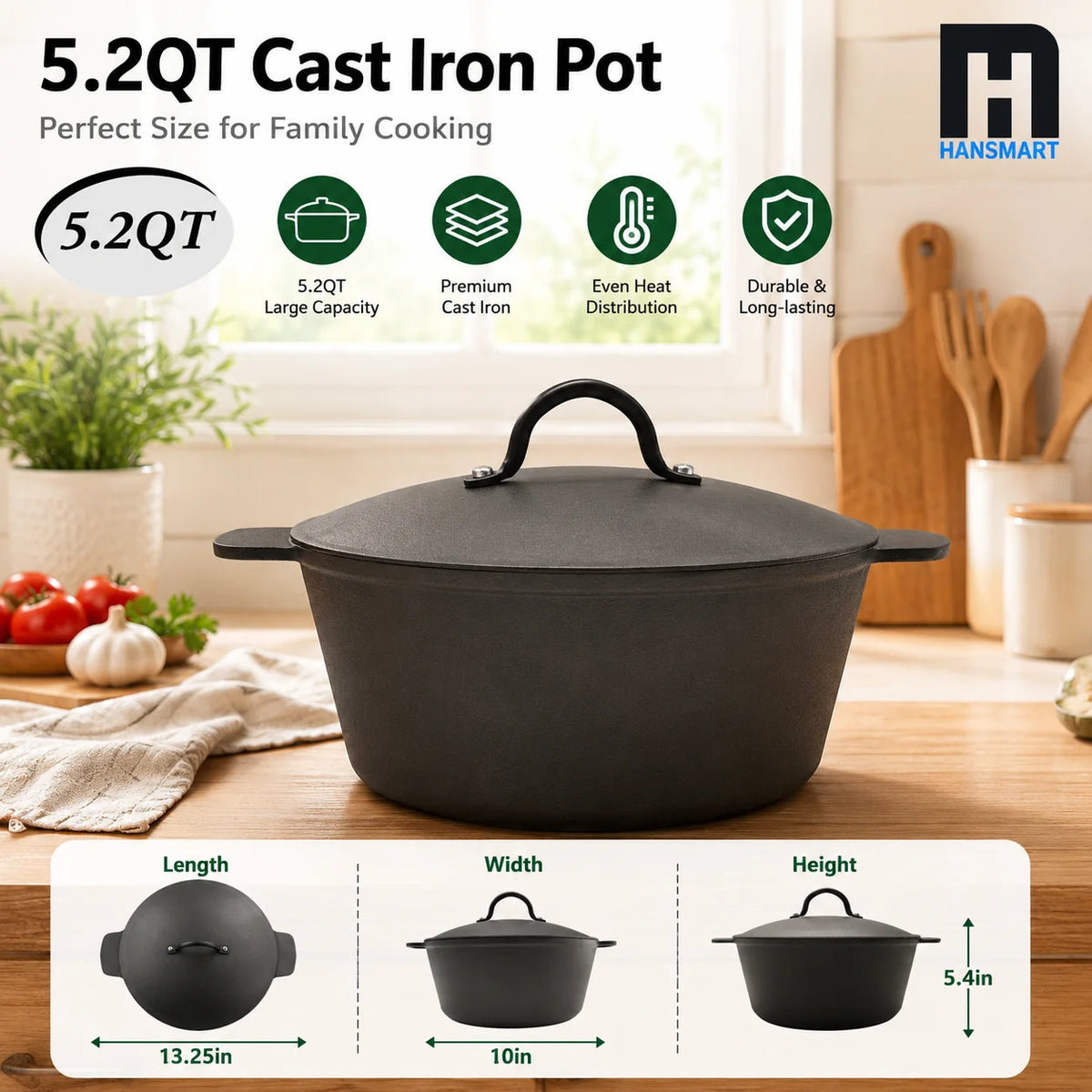 HANSMART 5.2Qt Lightweight Cast Iron Dutch Oven Honeycomb Base Non-Stick Cooking Pot With Lid Induction Safe Multipurpose Cookware For Home Camping Stew Soup Bread Baking