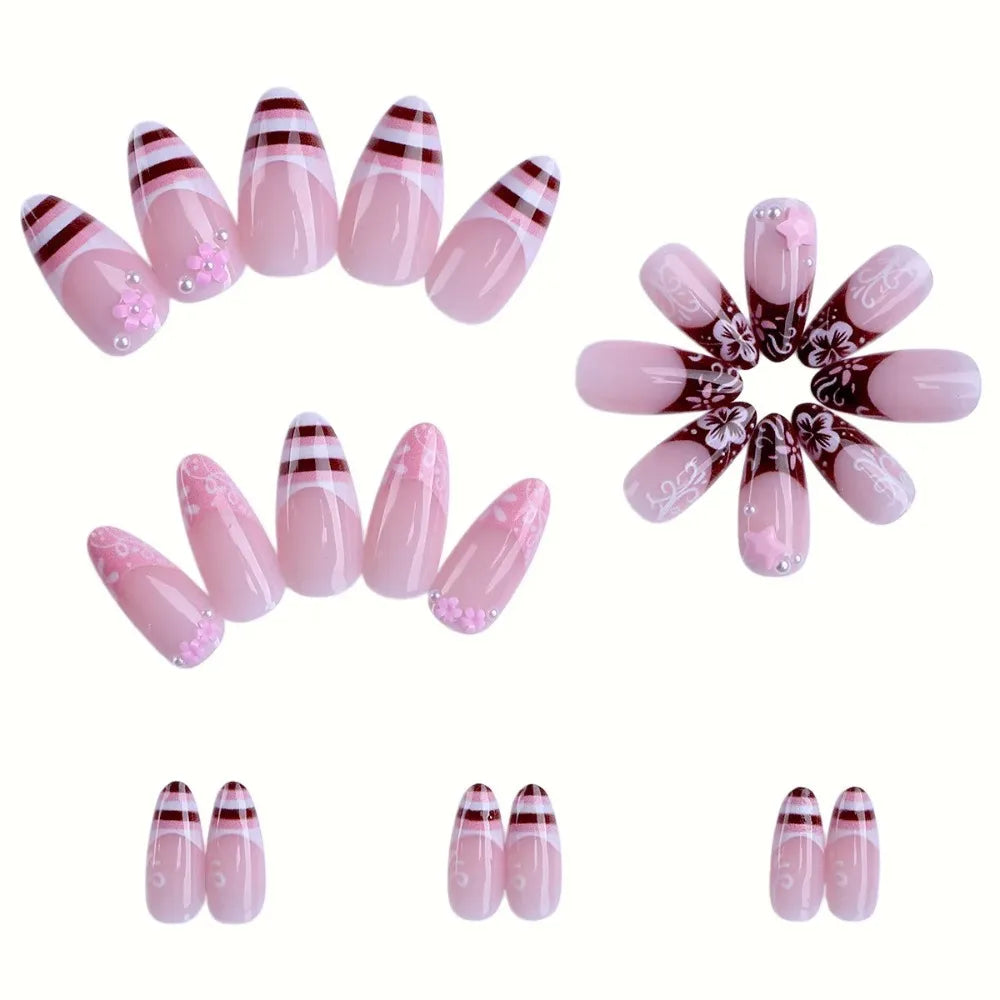 Medium and long almond armor, brown stripes, cute pink flower print nail art.