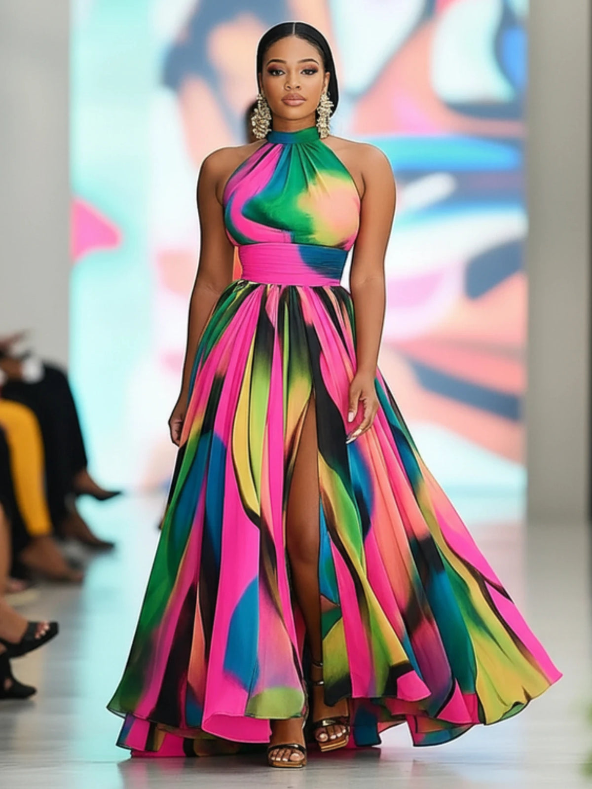 Women Halter Neck Printed Polyester Maxi Dress With Slit