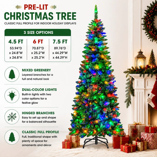 7.5/6/4.5 FT Pre Lit Artificial Christmas Tree Dual Color Lights Hinged Branches Mixed Greenery Full Profile Holiday Tree Indoor Christmas Decoration Classic Green Tree with Layered Branch Texture for Home Living Room Office