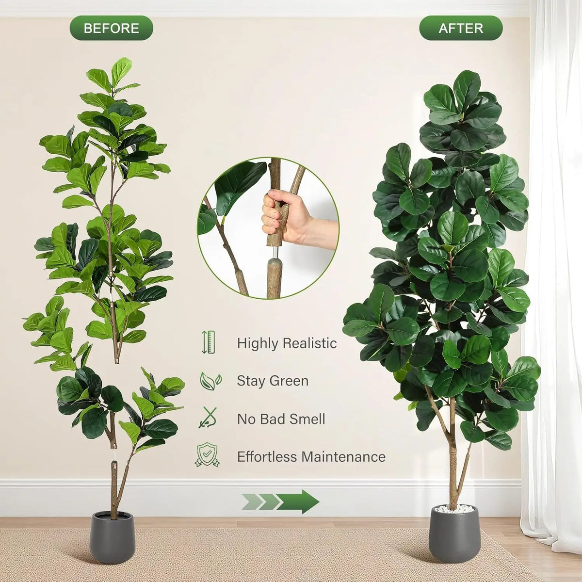 4FT/5FT/6FT/7FT Fiddle Leaf Fig Tree Artificial with Leaves, Realistic Faux Ficus Lyrata Trees in White Planter Pot, Home Decor