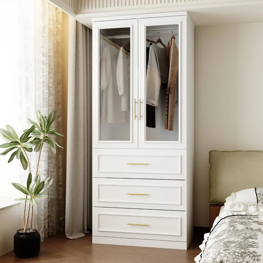 FUFU&GAGA Wardrobe Closet with Glass Doors, Modern White Bedroom Armoire with Gold Handles, Modern Clothes Storage Cabinet with