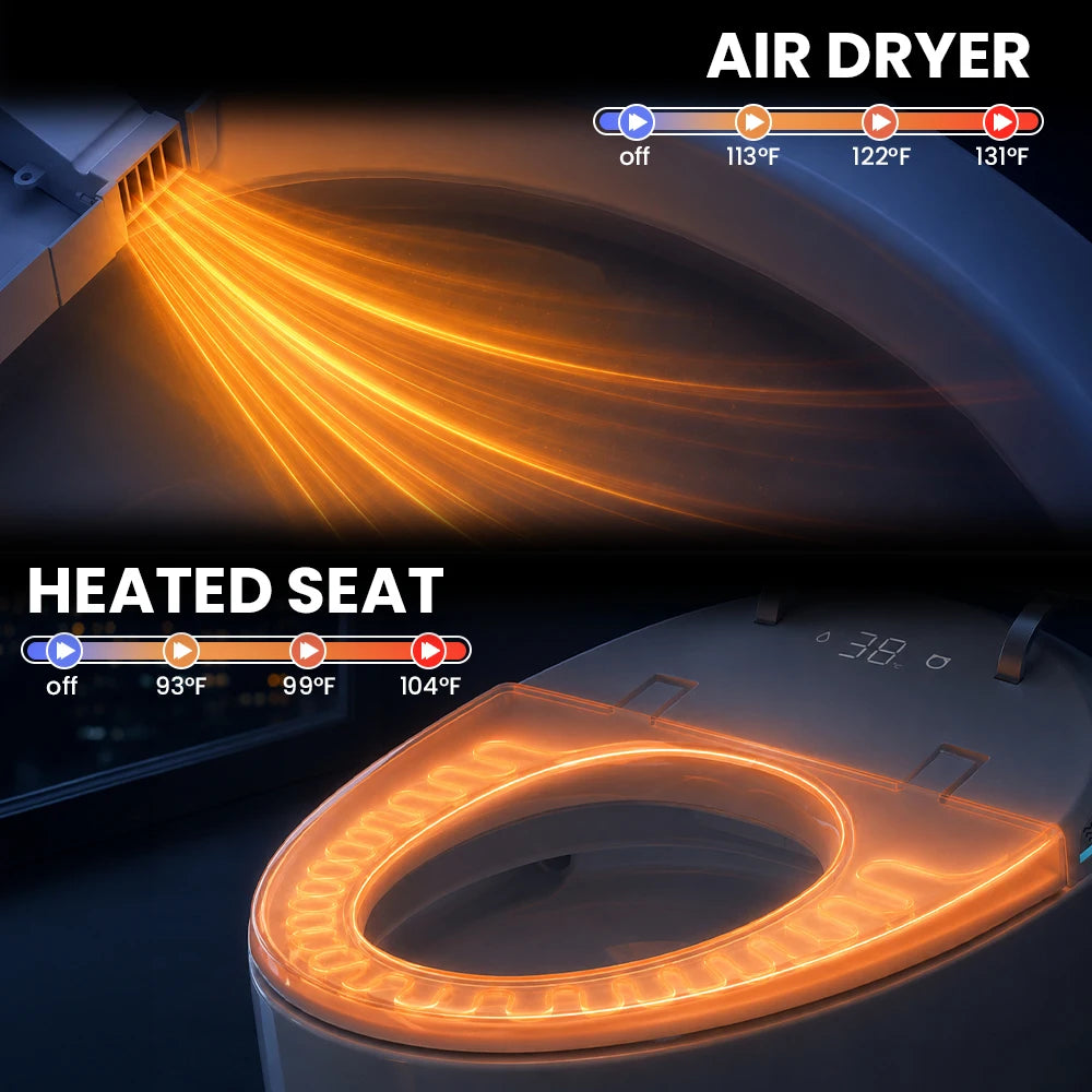 Sanyipace Smart Toilet Seat with Bidet 17.3" ADA Comfort Height Air Dryer Heated Seat Warm Water 1000 Map 360° Auto Flush Toilet