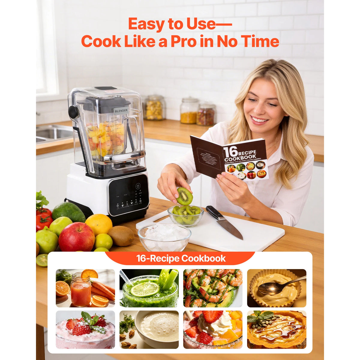 SucceBuy 68oz Countertop Blenders with Shield 2200W 26000RPM Kitchen Food Processor Combo 6Preset Menu for Smoothies White/Black