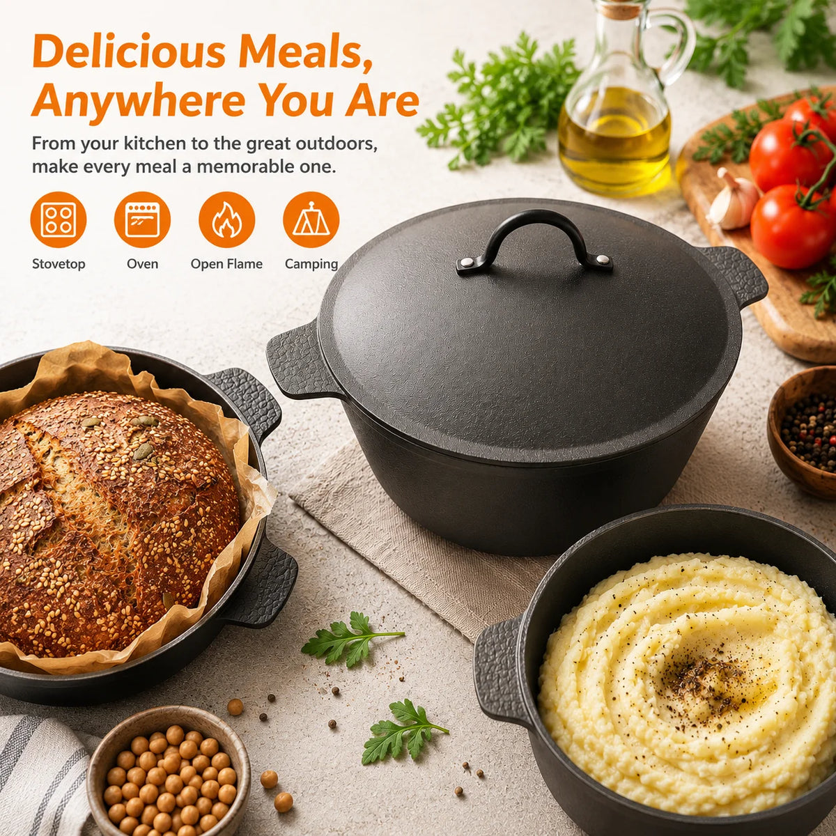 HANSMART 5.2Qt Lightweight Cast Iron Dutch Oven Honeycomb Base Non-Stick Cooking Pot With Lid Induction Safe Multipurpose Cookware For Home Camping Stew Soup Bread Baking
