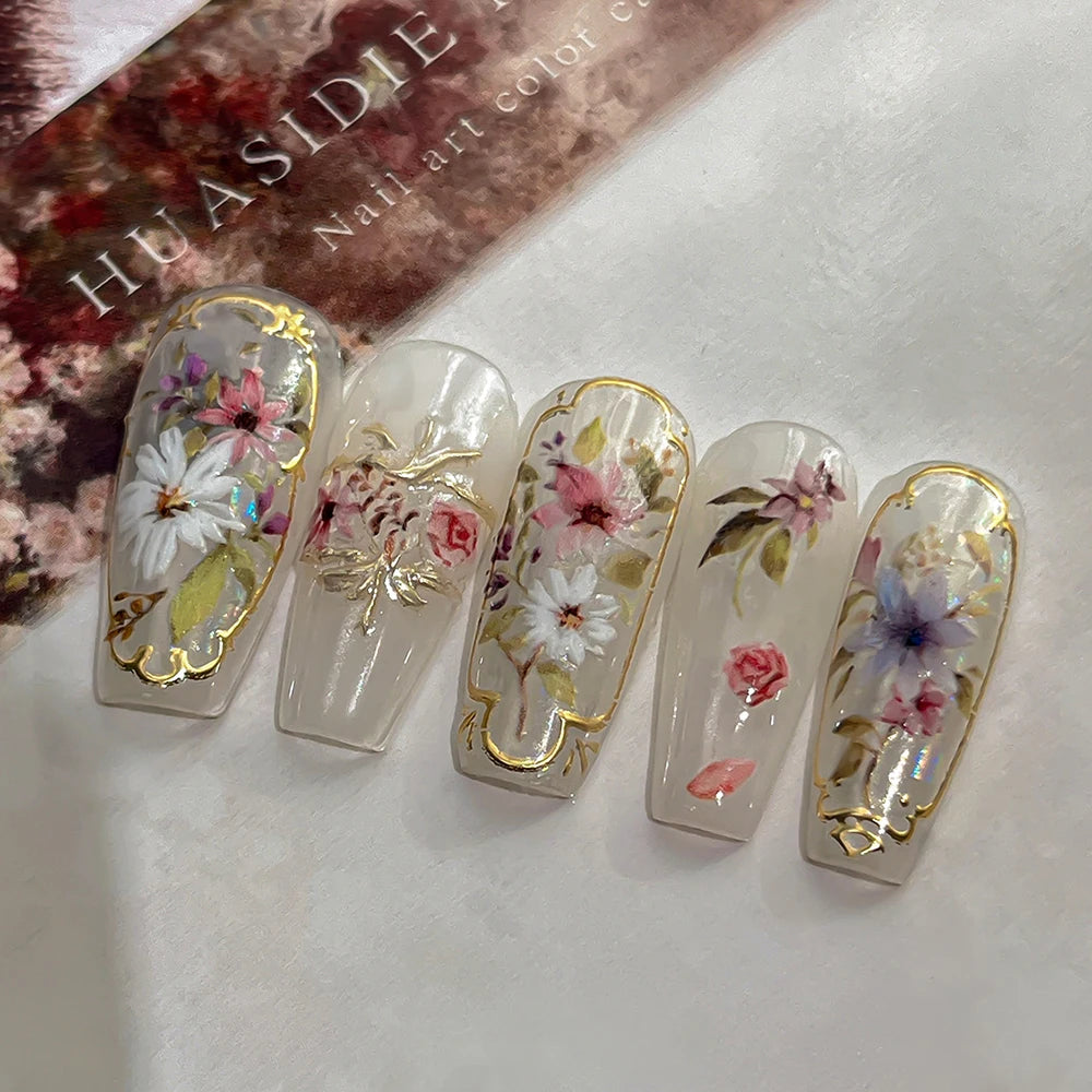 Golden Edge 5D Embossed Self Adhesive Floral Nail Stickers