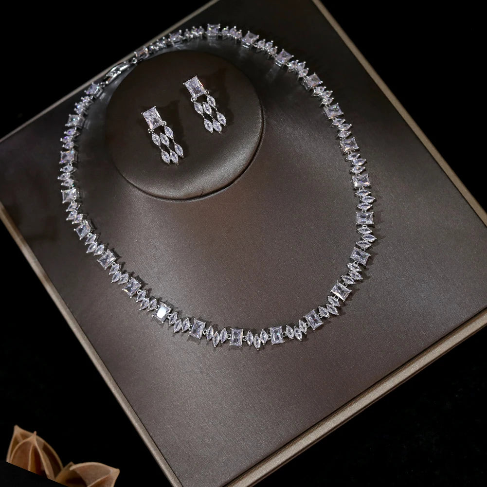 ASNORA Classic Square Zircon Wedding Necklace And Earrings Bridal Set
