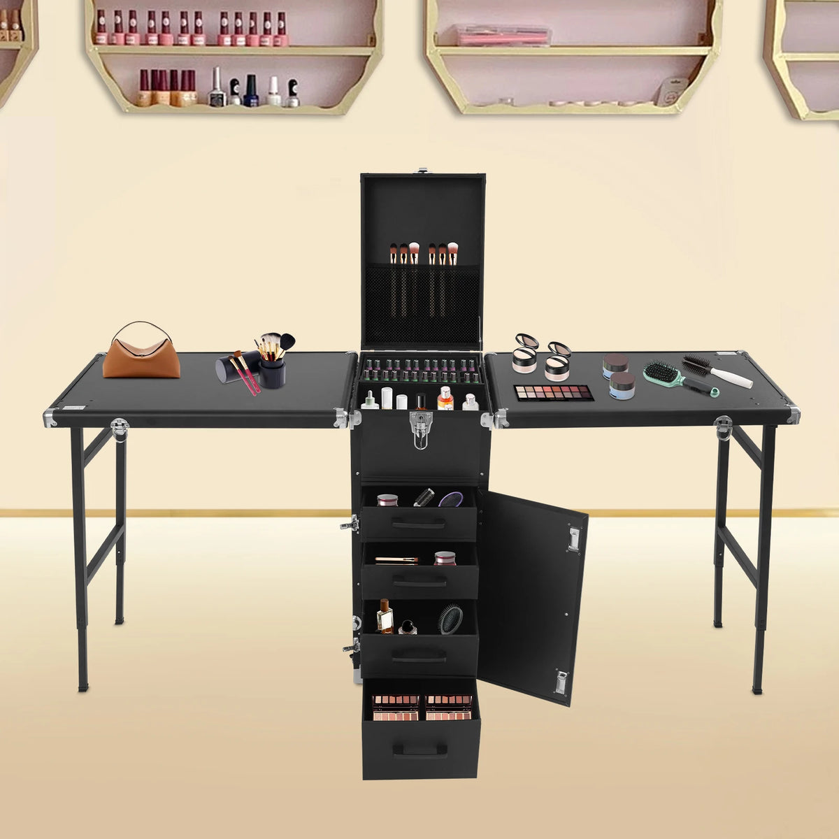 Dual Artist Portable Makeup Train Case, Portable Nail Table Desk with 4 Wheels, Rectangular Makeup Station Box for Professional Make-Up Artists, Hair Stylists