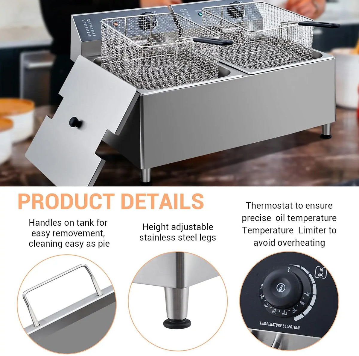 Tacleekii 11L Dual Tank Commercial Electric Deep Fryer with Basket 304 Stainless Steel Countertop Fryer with Temperature Control & Overheat Protection for Restaurant, Home Use