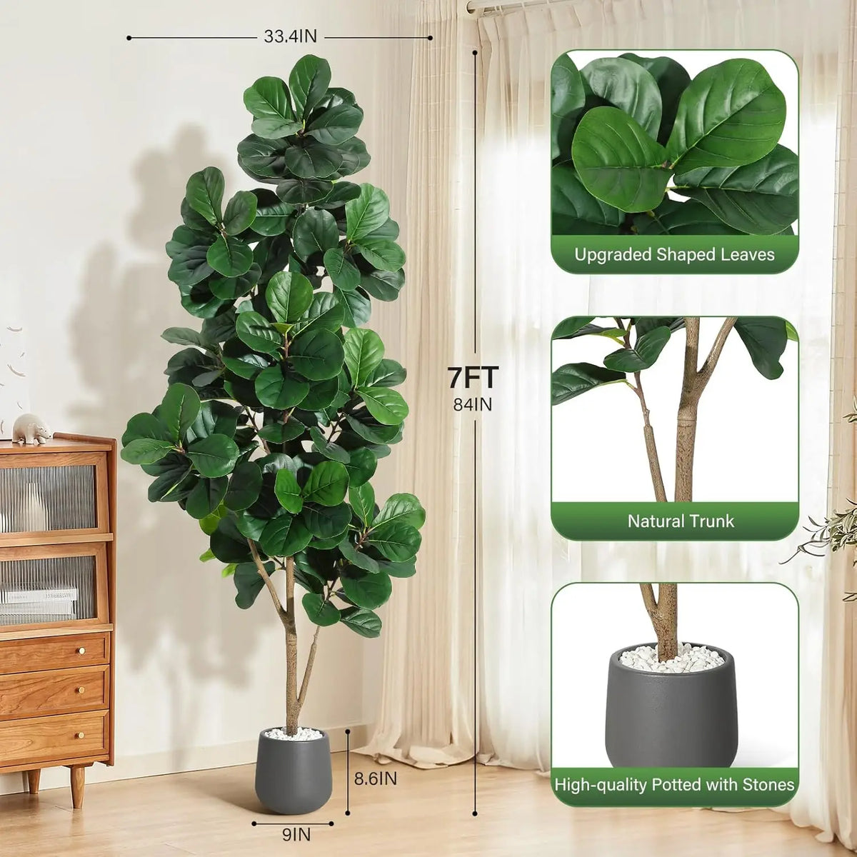4FT/5FT/6FT/7FT Fiddle Leaf Fig Tree Artificial with Leaves, Realistic Faux Ficus Lyrata Trees in White Planter Pot, Home Decor