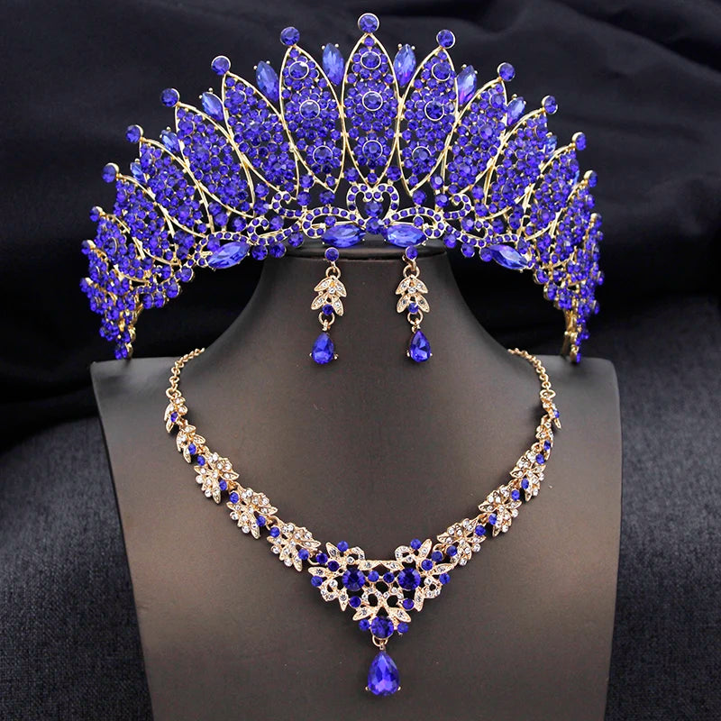 Cenmon Bridal Tiara Crown Necklace Earrings Jewelry Set For Women