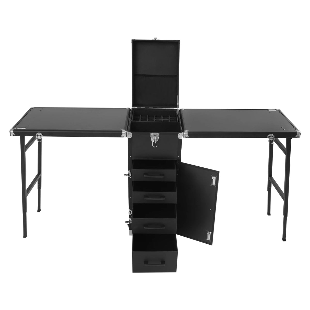 Dual Artist Portable Makeup Train Case, Portable Nail Table Desk with 4 Wheels, Rectangular Makeup Station Box for Professional Make-Up Artists, Hair Stylists