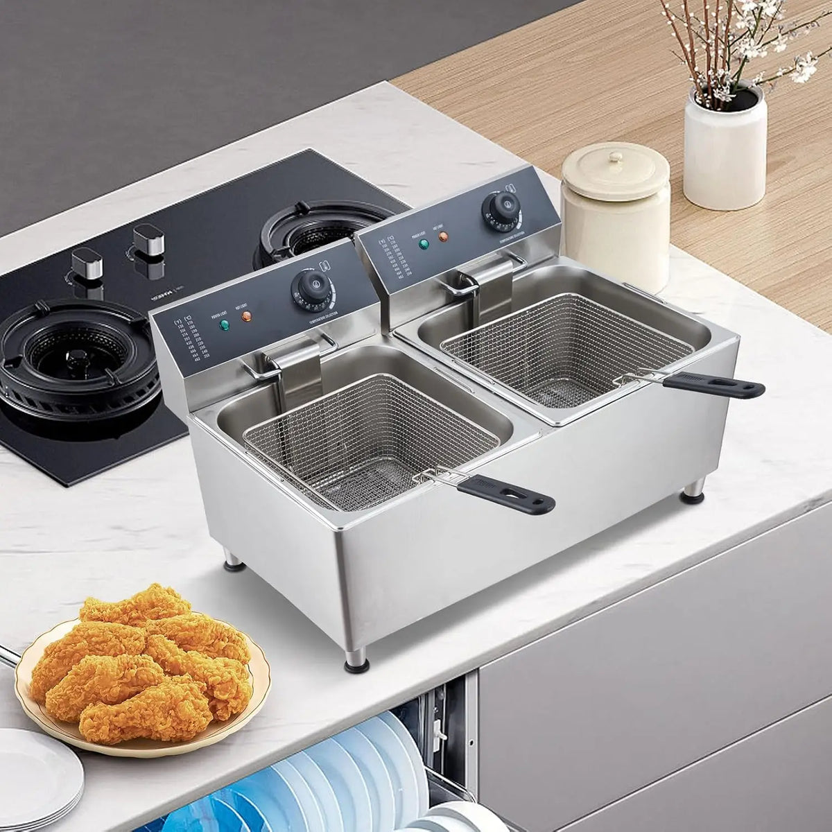 Tacleekii 11L Dual Tank Commercial Electric Deep Fryer with Basket 304 Stainless Steel Countertop Fryer with Temperature Control & Overheat Protection for Restaurant, Home Use
