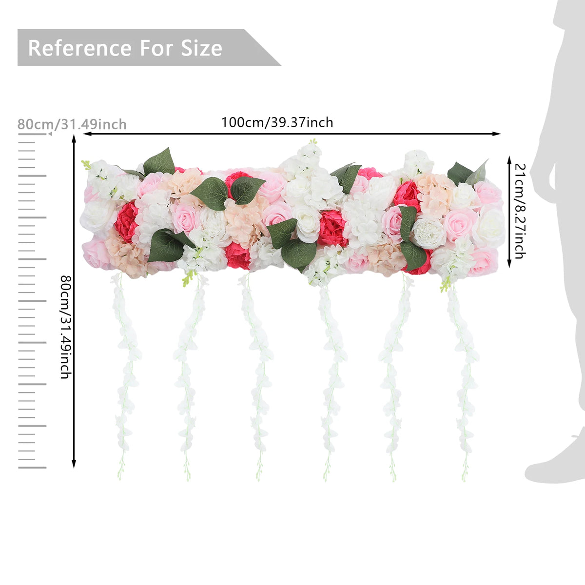 100cm Artificial Silk Flower Row Wall Decor, 3D Fake Flower Garland Hanging for Wedding Party Home Garden, No Watering Needed