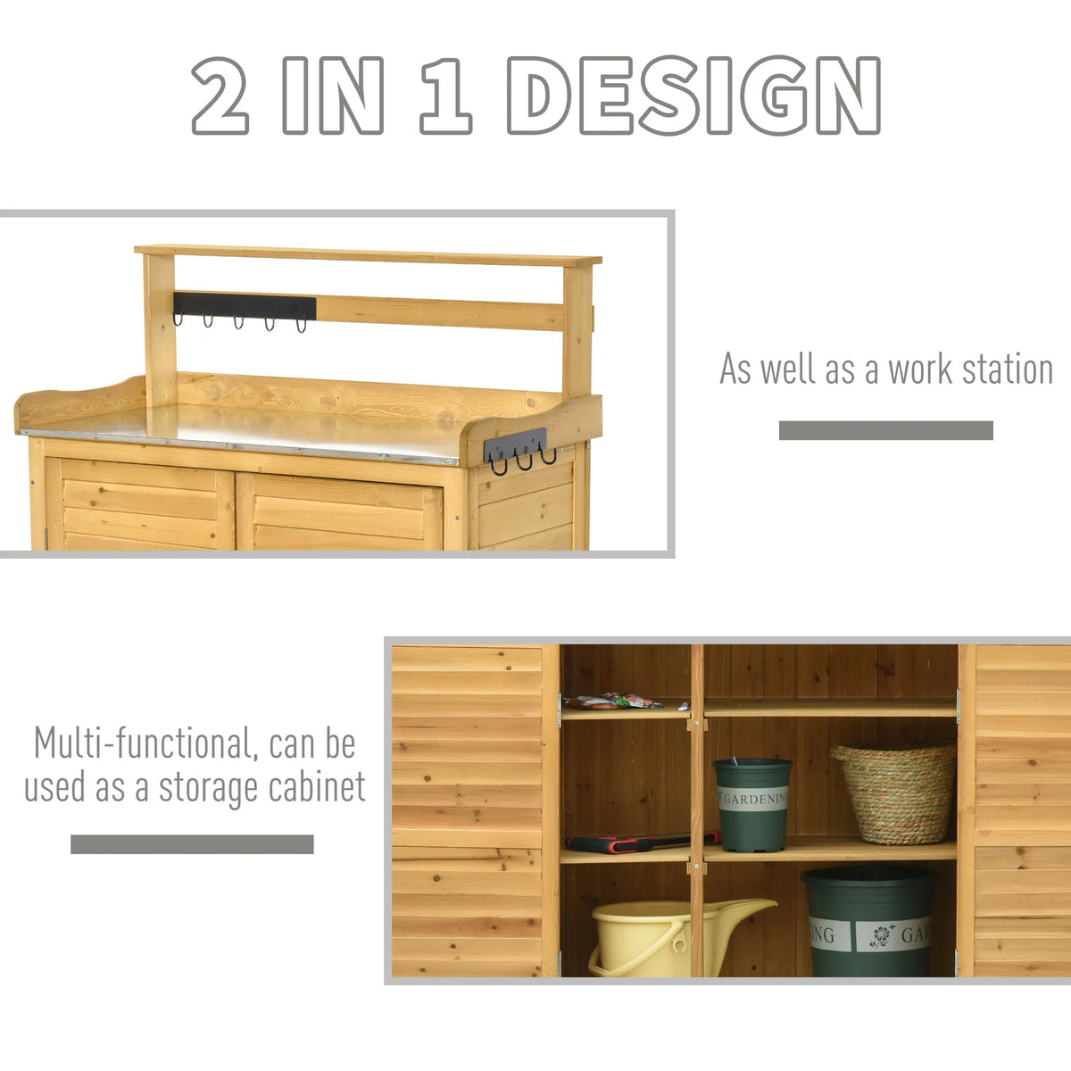 Wooden Potting Bench 3-Tier Storage Cabinet Table with Magnetic Latch Foot Pad