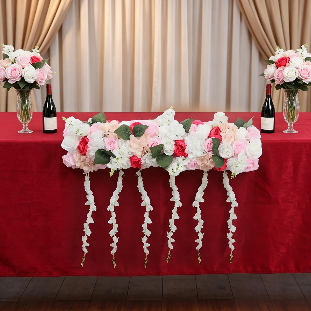 100cm Artificial Silk Flower Row Wall Decor, 3D Fake Flower Garland Hanging for Wedding Party Home Garden, No Watering Needed