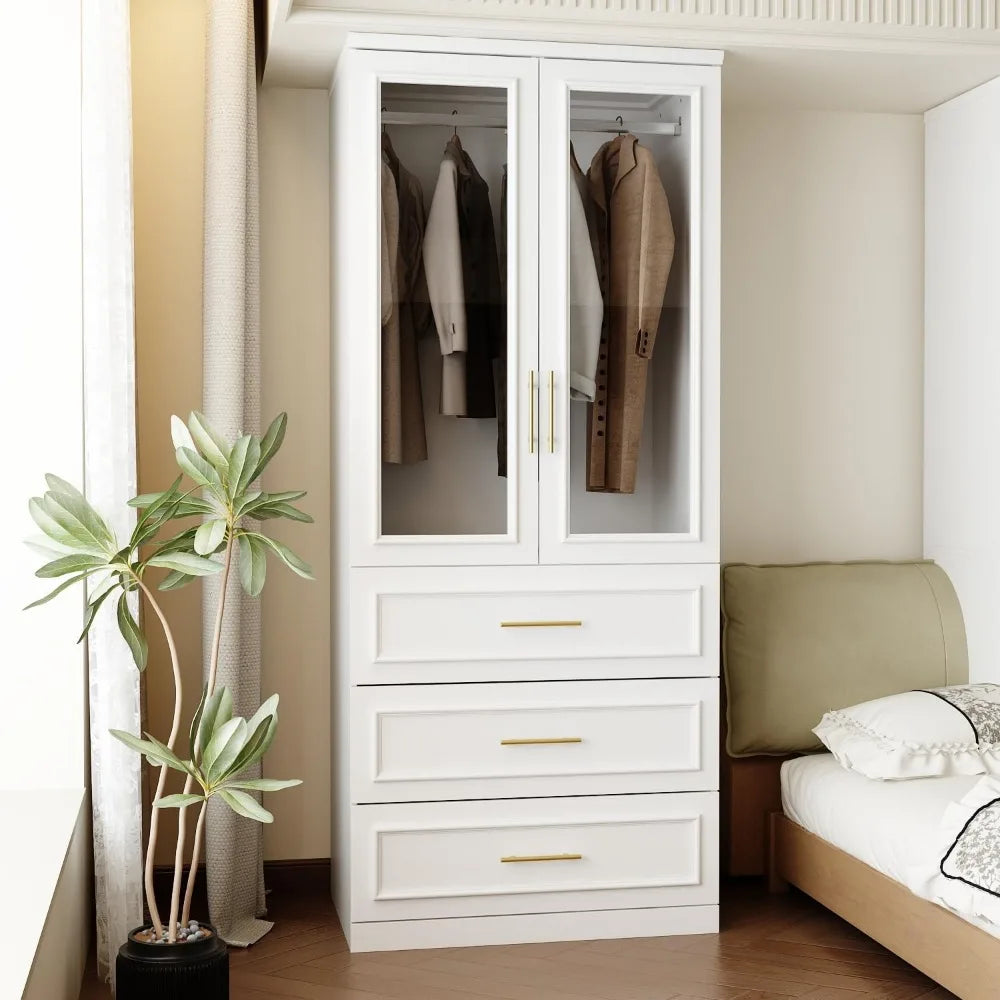 FUFU&GAGA Wardrobe Closet with Glass Doors, Modern White Bedroom Armoire with Gold Handles, Modern Clothes Storage Cabinet with
