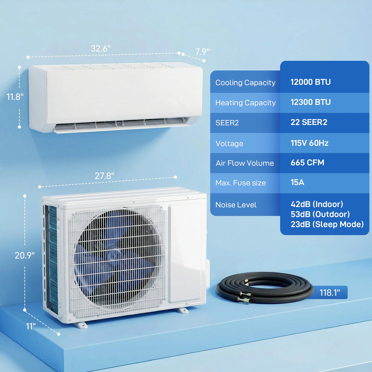 12000 BTU Mini Split Heat Pump 22 SEER2 Wifi Kit