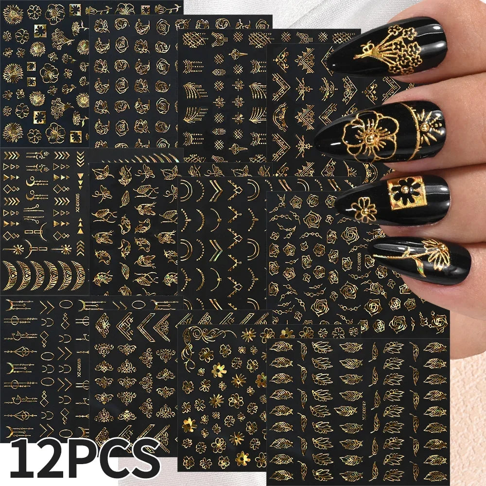 12pcs Metal Simple Leaf Nail Stickers 3D Gold Leaves Flower Bronzing Self-Adhesive Slider Nail Decals DIY Manicure Decoration