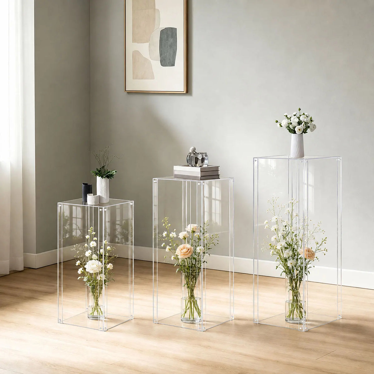 Acrylic Column Pedestal Stand for Party 3PCS Clear Lucite Display Pedestal for Cake Wedding Events Art Gallery Party Decor