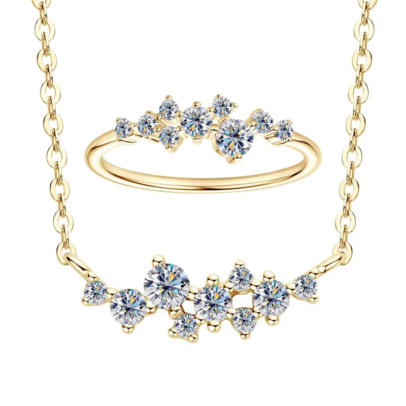 Lnngy Sterling Silver Cluster Pendant Necklace Moissanite Ring Set