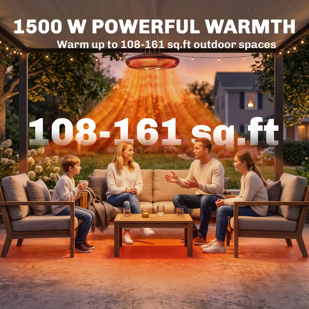 Electric Hanging Patio Heater w/ LED Light, 750/1500W, IP65, Black