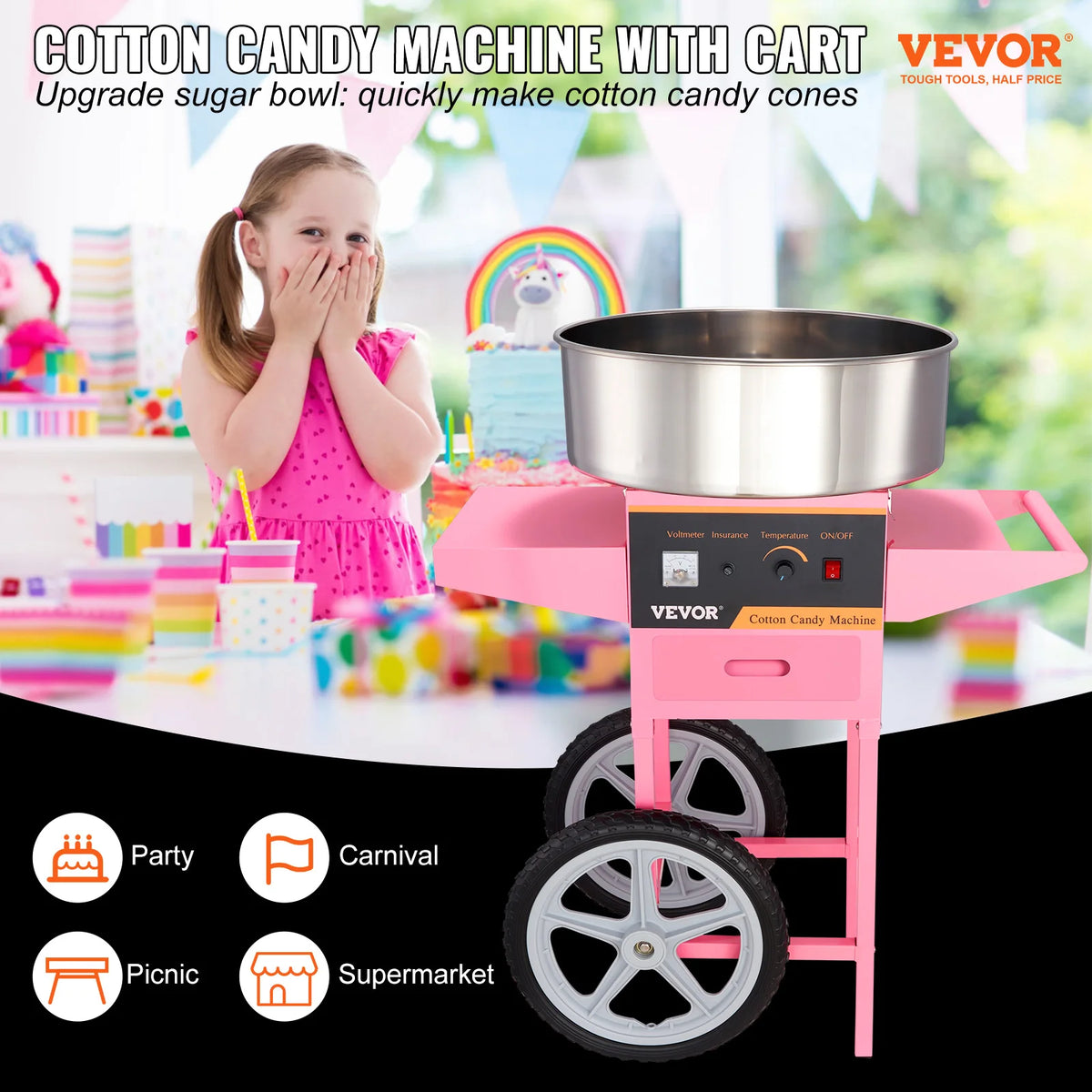SucceBuy Commercial Electric Cotton Candy Machine With Cart And Bowl