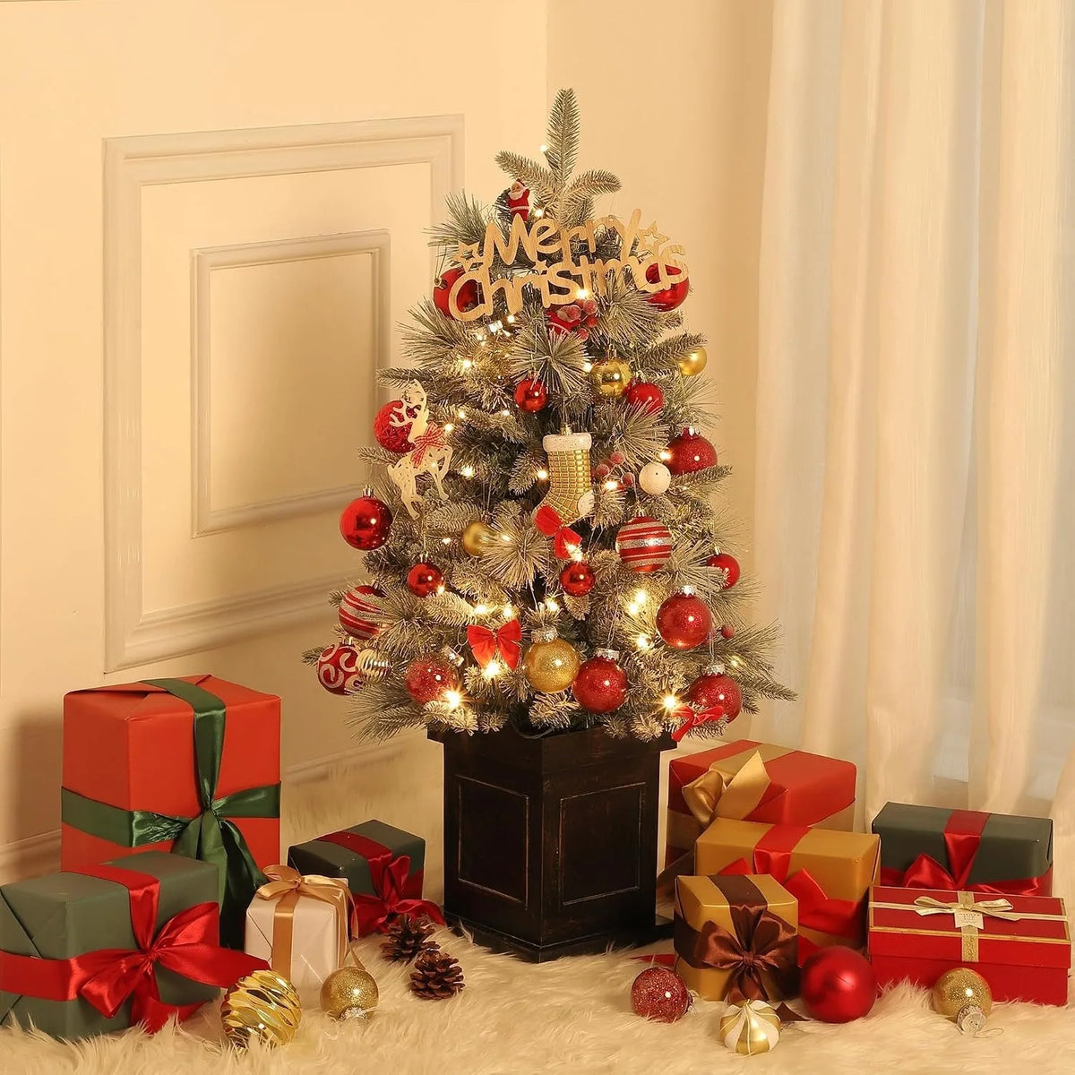 Pre Lit Snow Flocked Artificial Christmas Tree With Timer Function