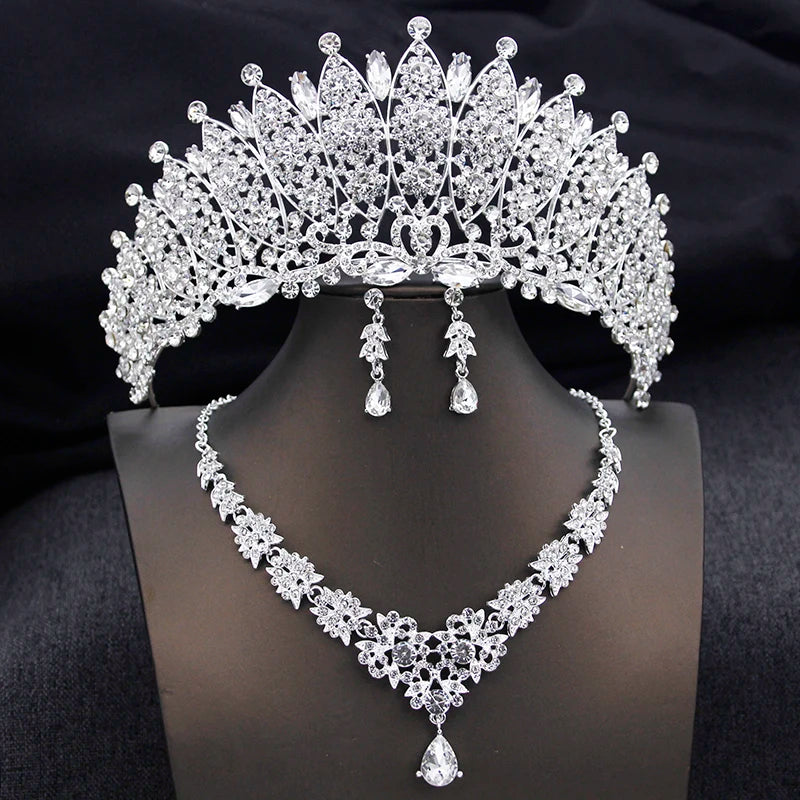 Cenmon Bridal Tiara Crown Necklace Earrings Jewelry Set For Women