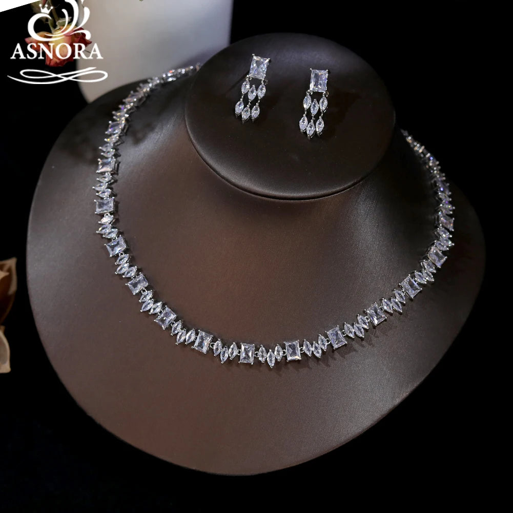 ASNORA Classic Square Zircon Wedding Necklace And Earrings Bridal Set