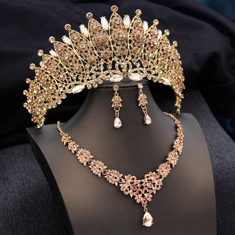Cenmon Bridal Tiara Crown Necklace Earrings Jewelry Set For Women