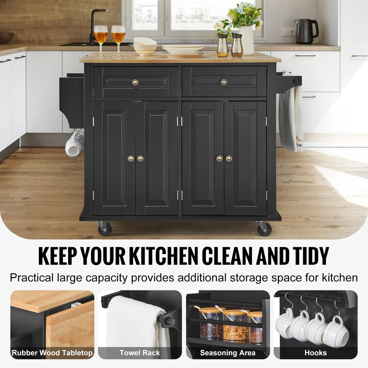 SucceBuy 43" Kitchen Island Cart Wood Top Mobile Carts with Storage Cabinet Rolling Table with Leaf Spice Rack Towel Bar Black