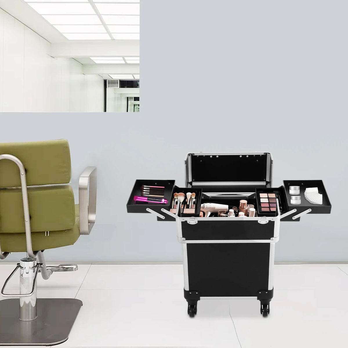Rolling Makeup Travel Case, Rectangular Cosmetic Trolley with Keys, Hairdressing Travel Case for Professional Makeup Artists
