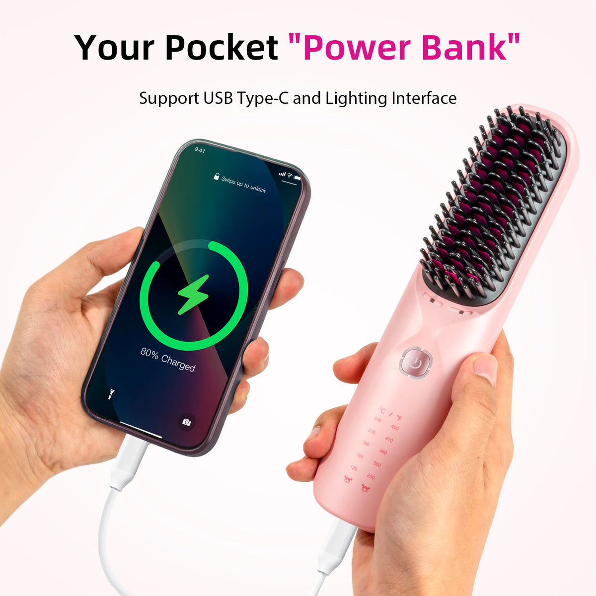 Portable 2 in 1 Hair Straightener Brush Fast Heating Negative Ion Cordless Curling Comb 10000mAh 45W Fast Charging Power Bank