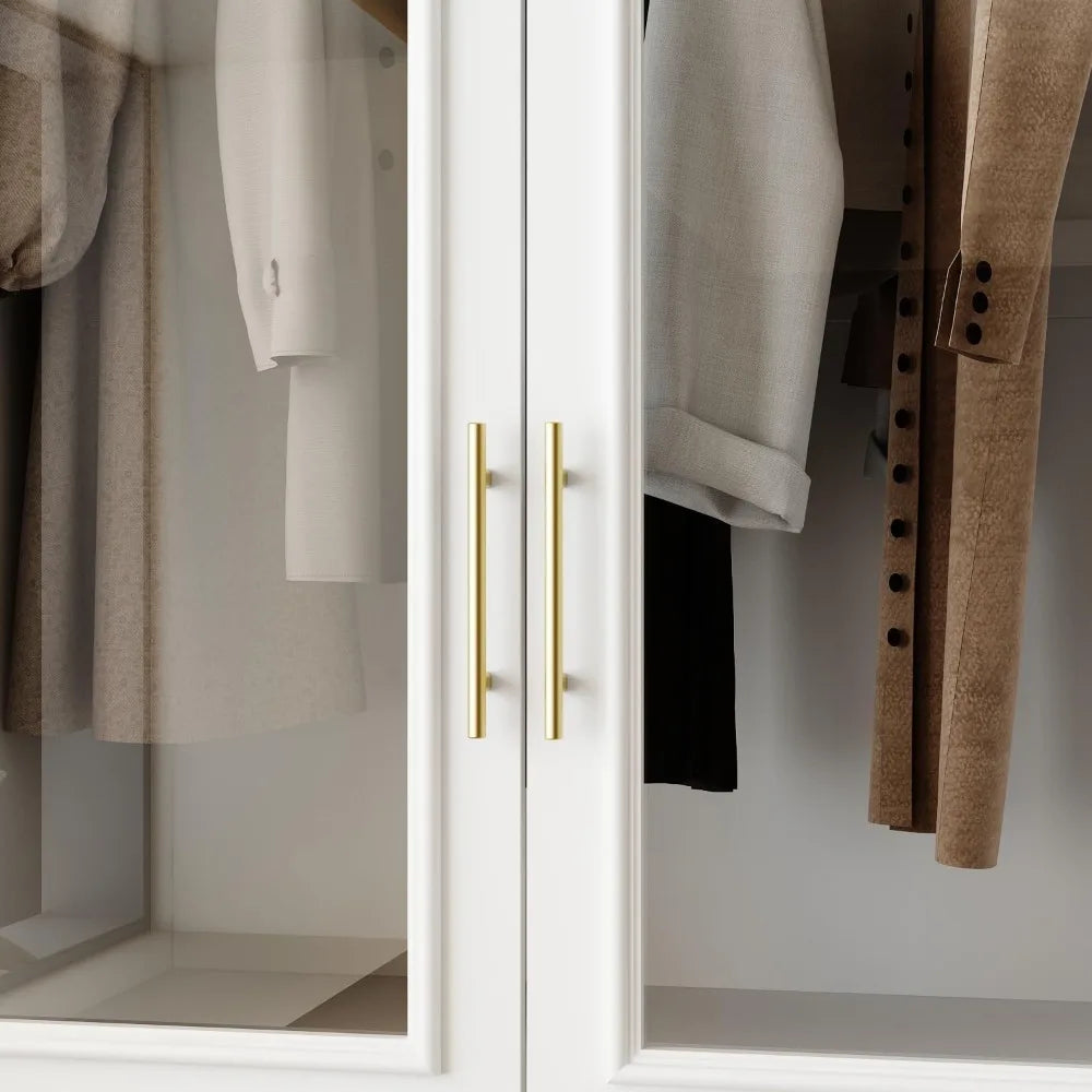 FUFU&GAGA Wardrobe Closet with Glass Doors, Modern White Bedroom Armoire with Gold Handles, Modern Clothes Storage Cabinet with