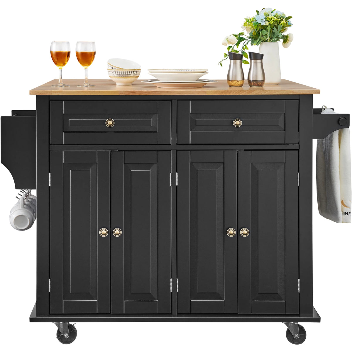 SucceBuy 43" Kitchen Island Cart Wood Top Mobile Carts with Storage Cabinet Rolling Table with Leaf Spice Rack Towel Bar Black