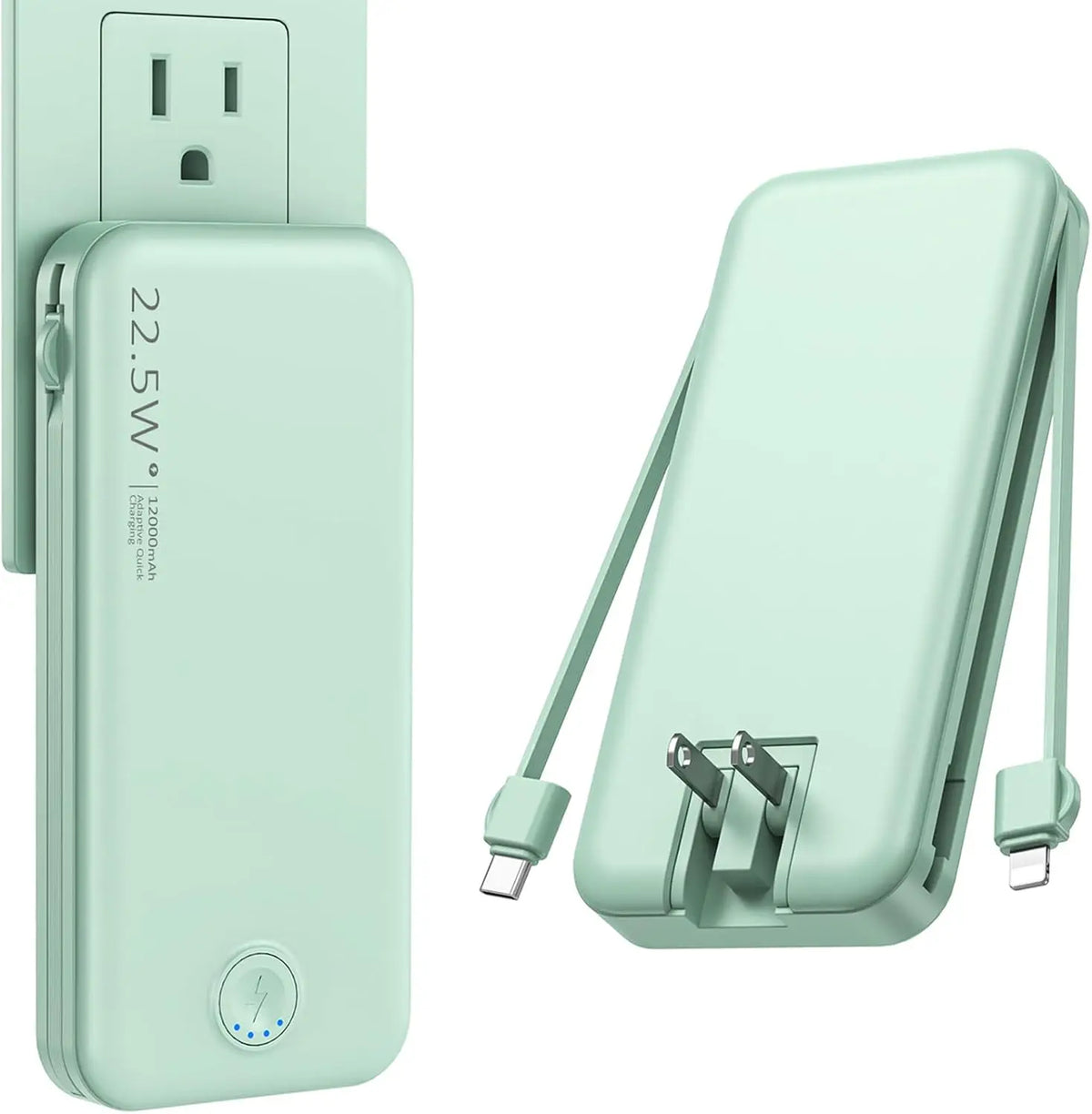 （Pink）Portable 12000mAh AC Wall Charger Power Bank with Built-in Cables,USB-C Fast Charging,Ultra-Slim Design,Travel Essential