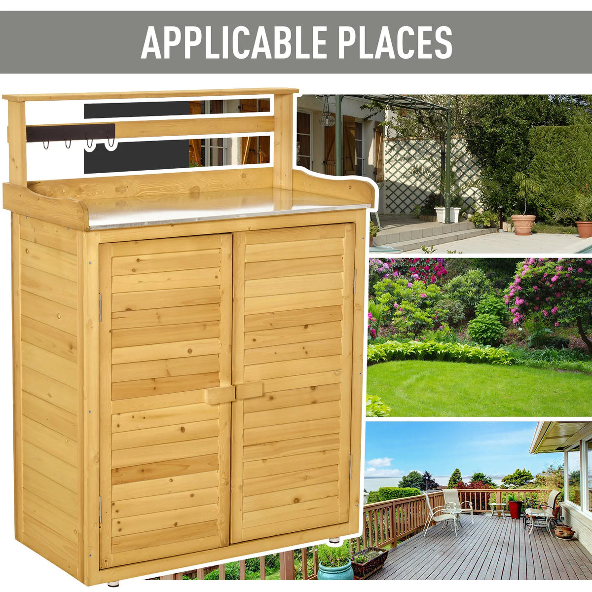 Wooden Potting Bench 3-Tier Storage Cabinet Table with Magnetic Latch Foot Pad