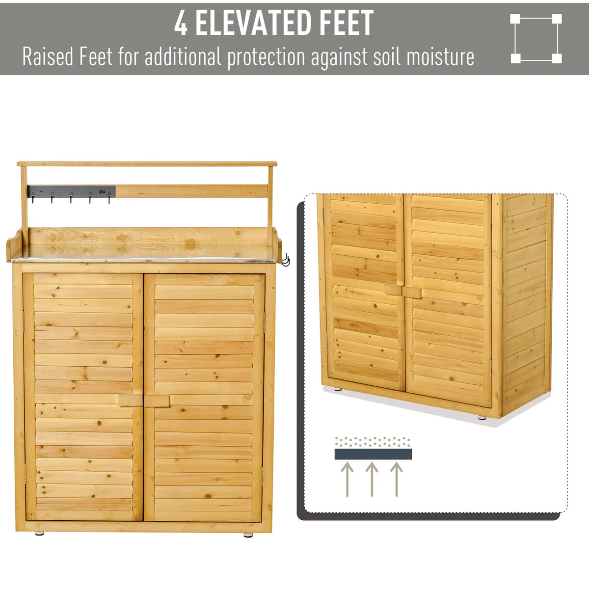 Wooden Potting Bench 3-Tier Storage Cabinet Table with Magnetic Latch Foot Pad