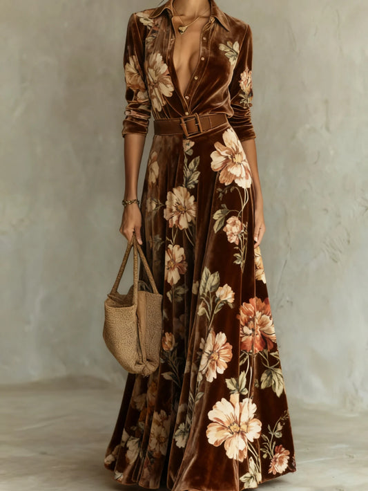 Women Floral Print Long Sleeve Maxi Dress Formal Occasion Gown