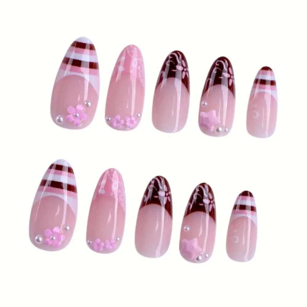 Medium and long almond armor, brown stripes, cute pink flower print nail art.