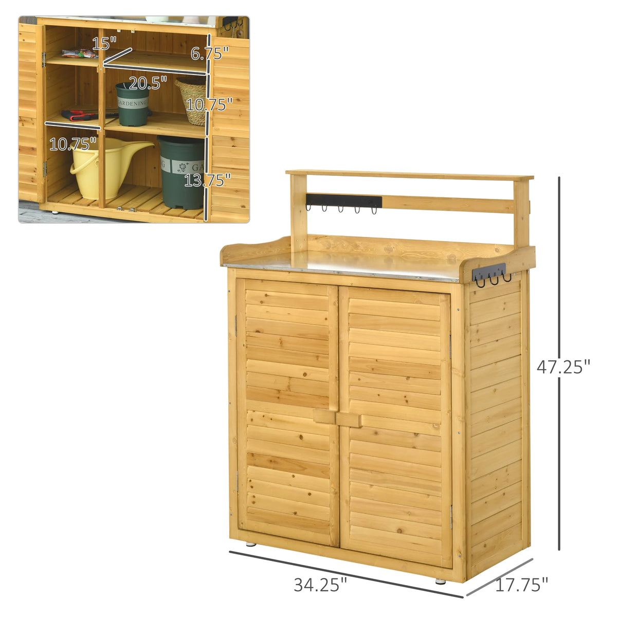 Wooden Potting Bench 3-Tier Storage Cabinet Table with Magnetic Latch Foot Pad