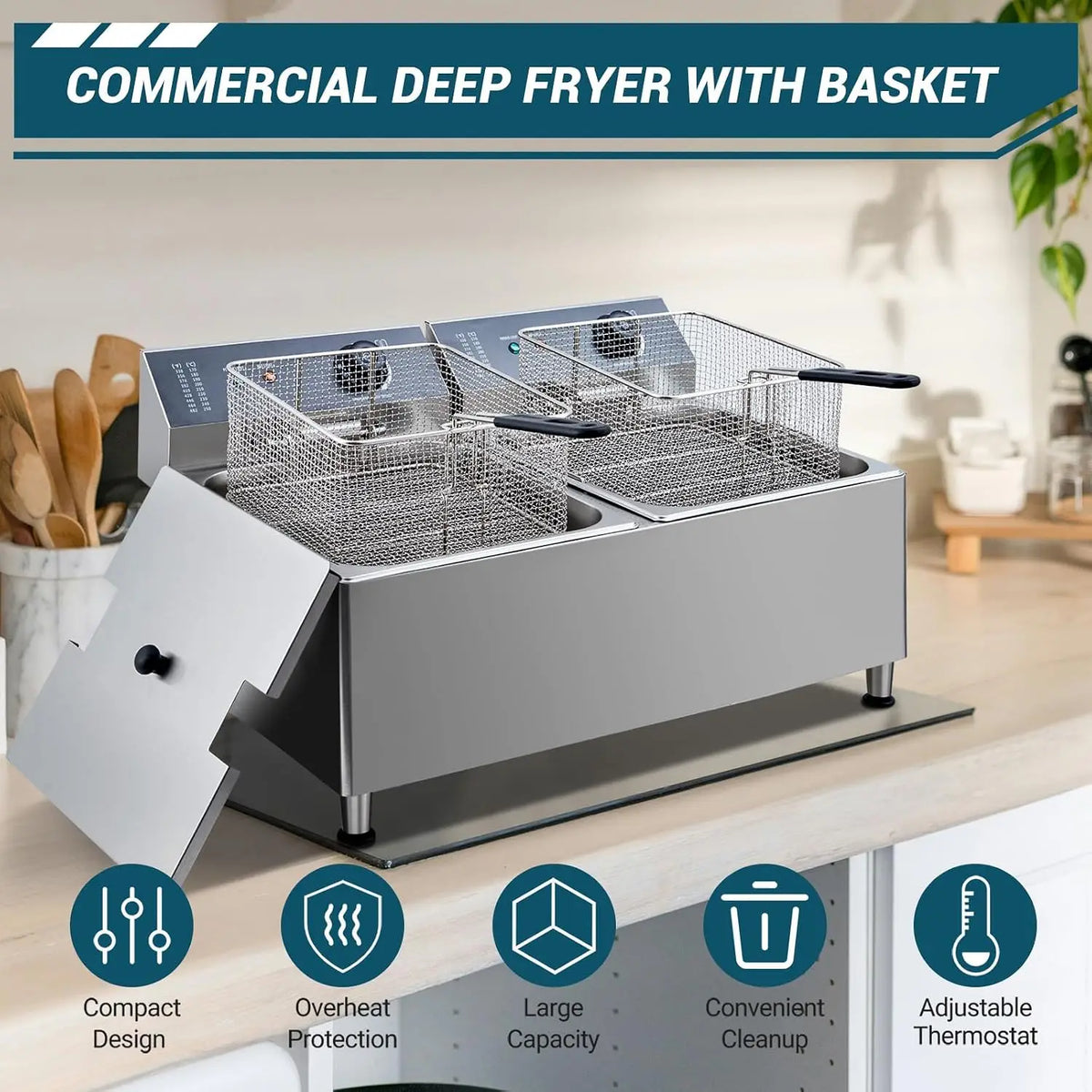 Tacleekii 11L Dual Tank Commercial Electric Deep Fryer with Basket 304 Stainless Steel Countertop Fryer with Temperature Control & Overheat Protection for Restaurant, Home Use