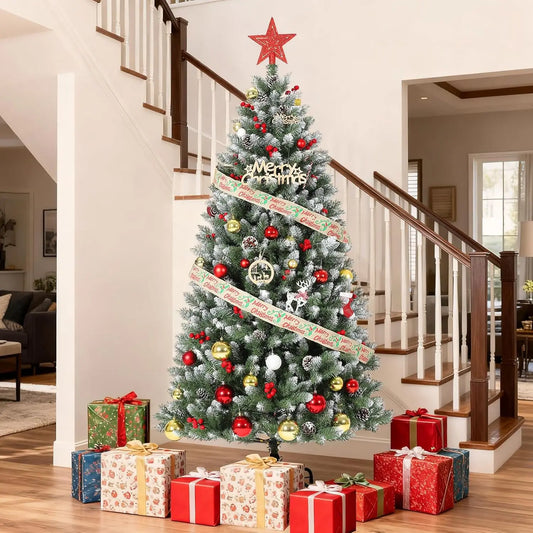 HiMISS Snow Flocked Artificial Christmas Tree With Pine Cone Decor