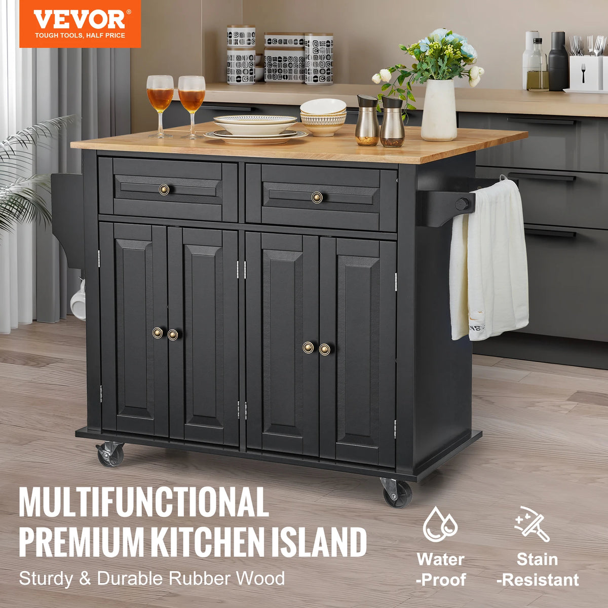 SucceBuy 43" Kitchen Island Cart Wood Top Mobile Carts with Storage Cabinet Rolling Table with Leaf Spice Rack Towel Bar Black