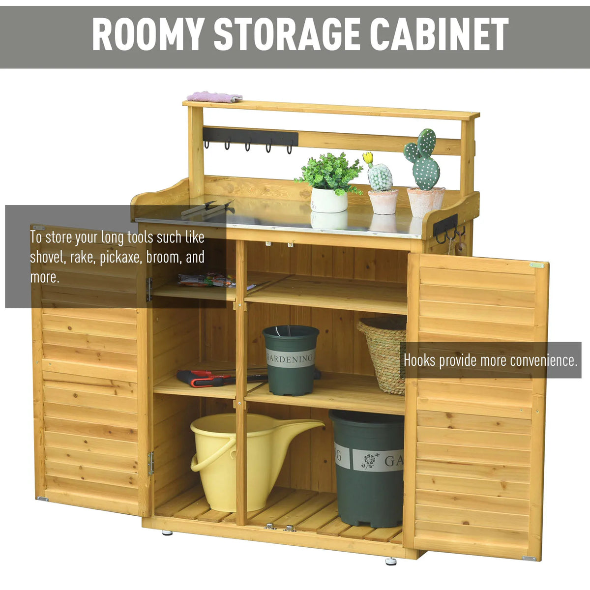 Wooden Potting Bench 3-Tier Storage Cabinet Table with Magnetic Latch Foot Pad
