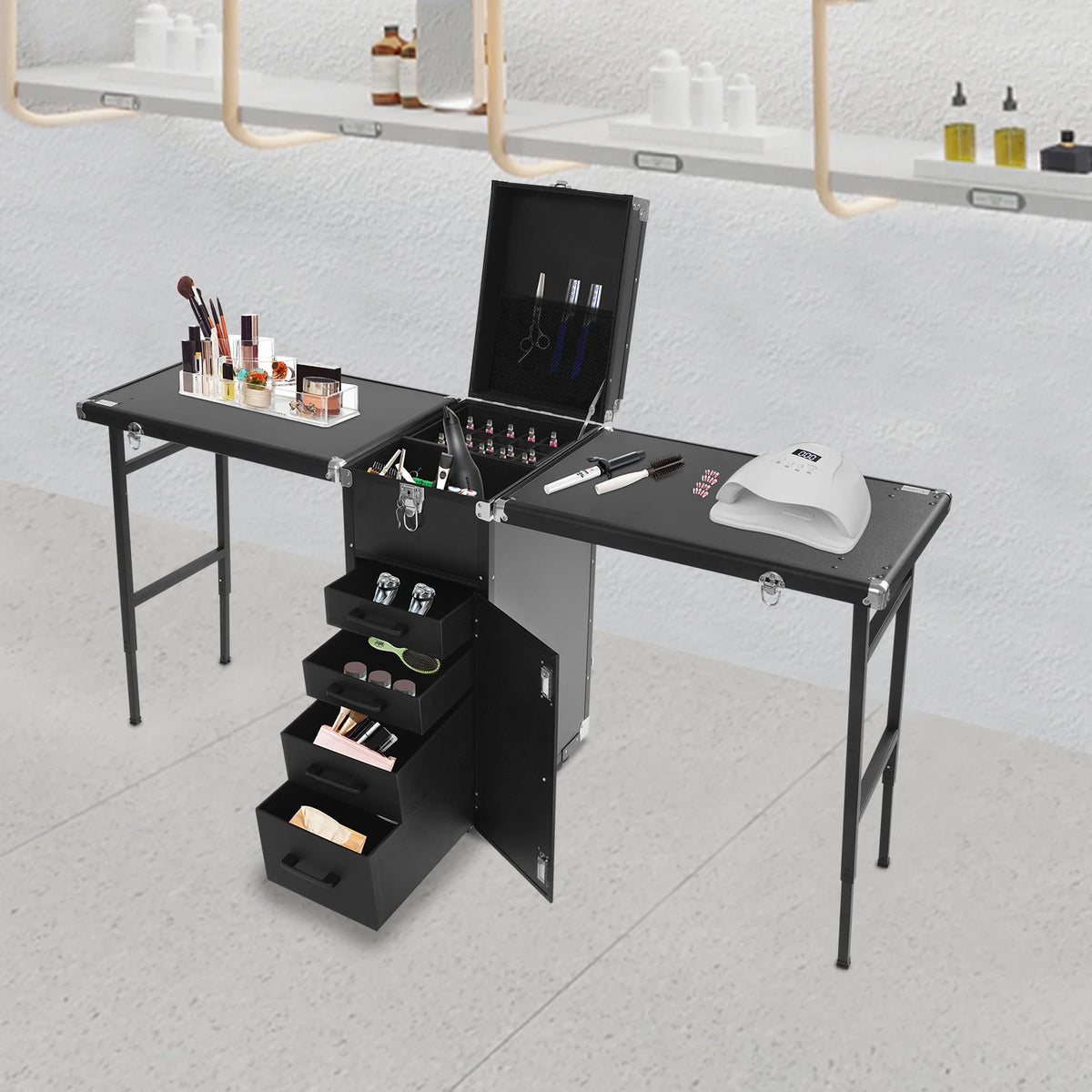Dual Artist Portable Makeup Train Case, Portable Nail Table Desk with 4 Wheels, Rectangular Makeup Station Box for Professional Make-Up Artists, Hair Stylists